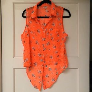 Orange collared sleeveless button down knot top